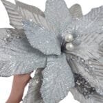 Flor de Natal Poinsétia Glitter Luxo Veludo Prata Nevada Branco para Árvore de Natal - Imagem 14