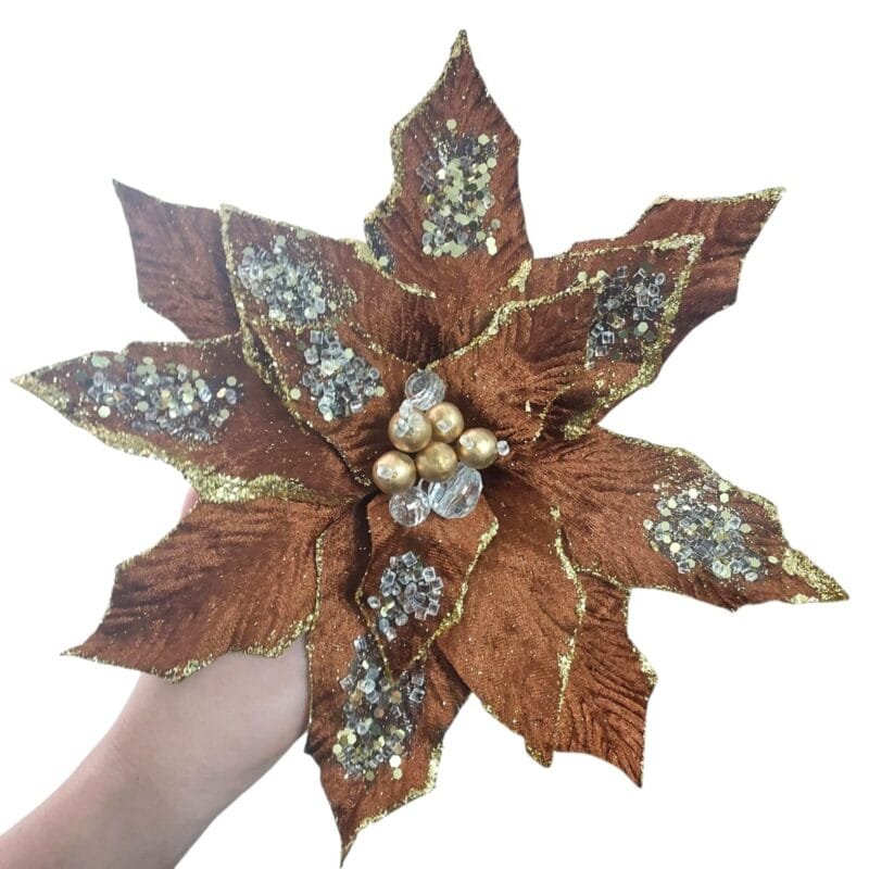 Flor de Natal Poinsétia em tons marrom, dourado e champanhe para decoração de árvores de Natal, guirlandas, festões e arranjos.