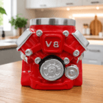 Caneca em formato de motor V8, com design detalhado, acabamento vermelho e visual inspirado em motores automotivos.