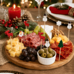 Detalhes dos apliques natalinos de madeira com Papai Noel e bonecos de neve, trazendo charme e personalidade à apresentação.