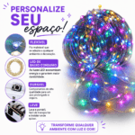 Fio de LED de 3 metros aplicado em uma mini árvore de Natal, criando pontos de luz coloridos e um visual festivo.