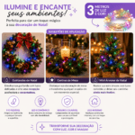 Fio flexível com luzes coloridas, ideal para envolver guirlandas, arranjos, enfeites e outros elementos da decoração natalina.