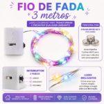 Fio de LED colorido com caixinha para bateria, proporcionando praticidade para decorar sem depender de uma tomada próxima.