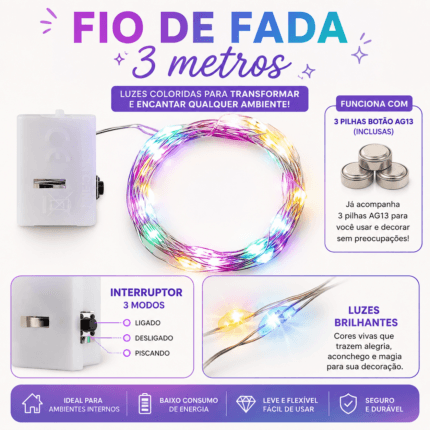 Fio de LED colorido com caixinha para bateria, proporcionando praticidade para decorar sem depender de uma tomada próxima.