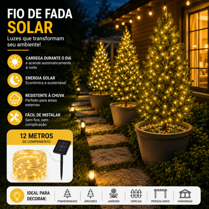 Fio de fada solar com painel para captação da energia solar durante o dia e iluminação automática durante a noite.