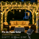 Fio de fada solar aplicado em árvores e jardins, criando pontos de luz aconchegantes e valorizando a decoração durante a noite.