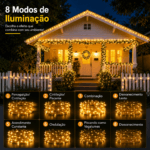 Fio de fada com luz branco quente, ideal para iluminar árvores, jardins, cercas, varandas e diferentes ambientes externos.