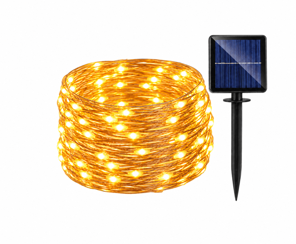 Fio de fada solar com 12 metros de comprimento, 100 LEDs e iluminação branco quente para criar uma decoração aconchegante.