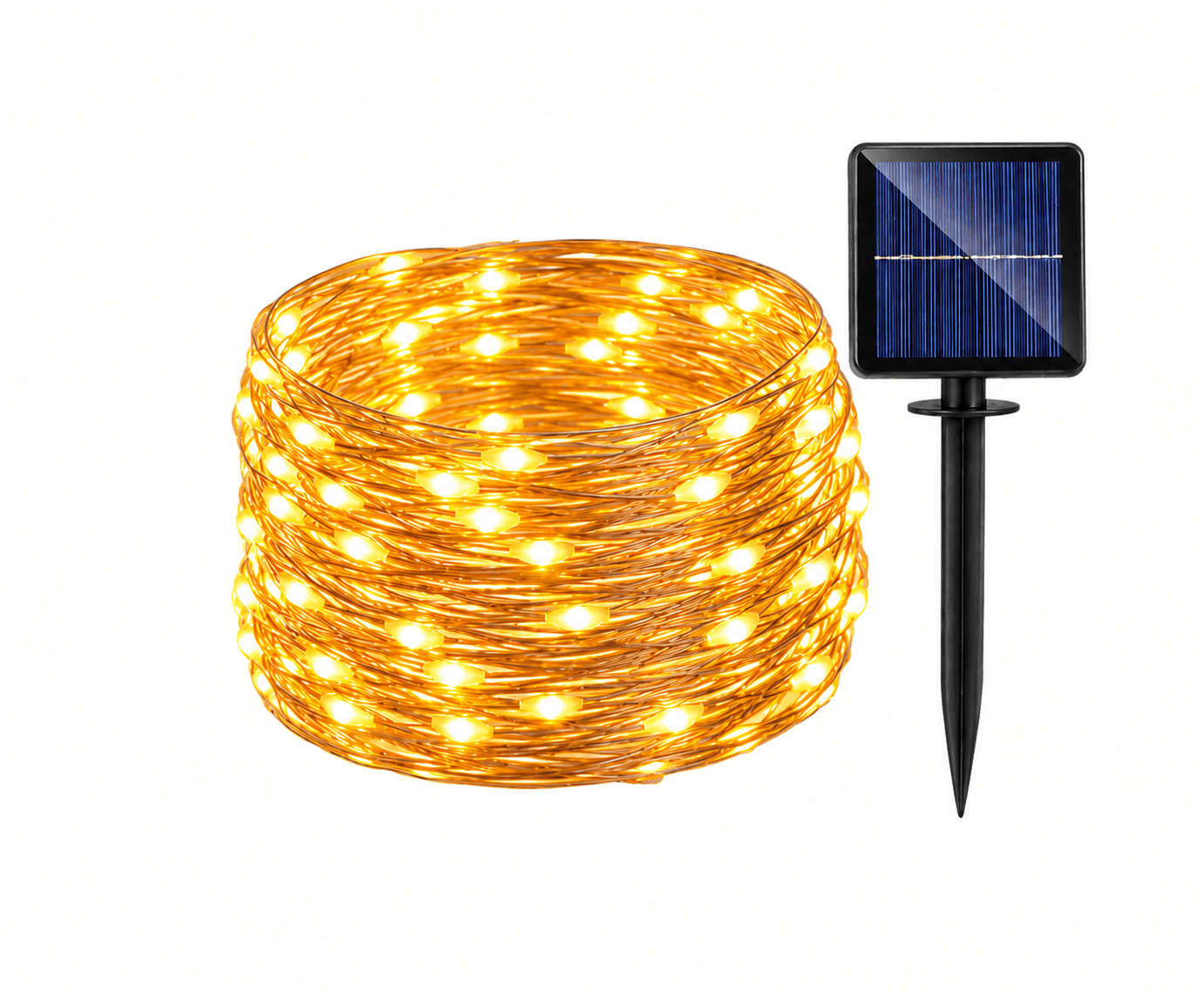 Fio de Fada Solar 12 Metros com 100 LEDs Fio de fada solar com 12 metros de comprimento, 100 LEDs e iluminação branco quente para criar uma decoração aconchegante.