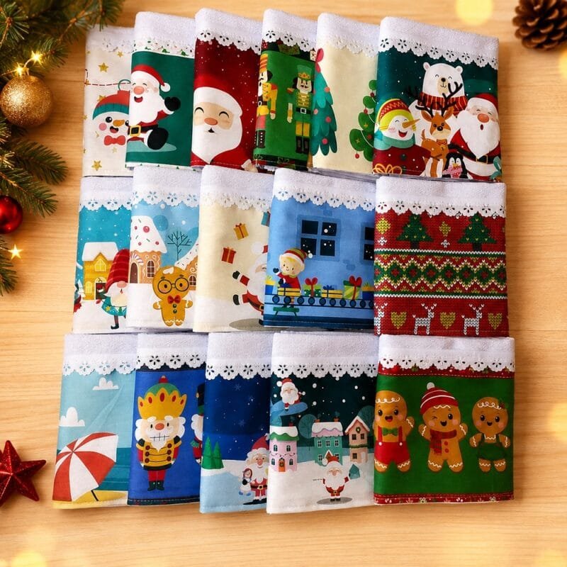 Kit com 4 panos de prato natalinos com estampas especiais da Coleção Natal 2026, perfeitos para presentear ou montar lembrancinhas.