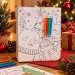 Kit completo com 6 sacolas natalinas estilo livro de colorir, cada uma acompanhada de 4 canetinhas coloridas.