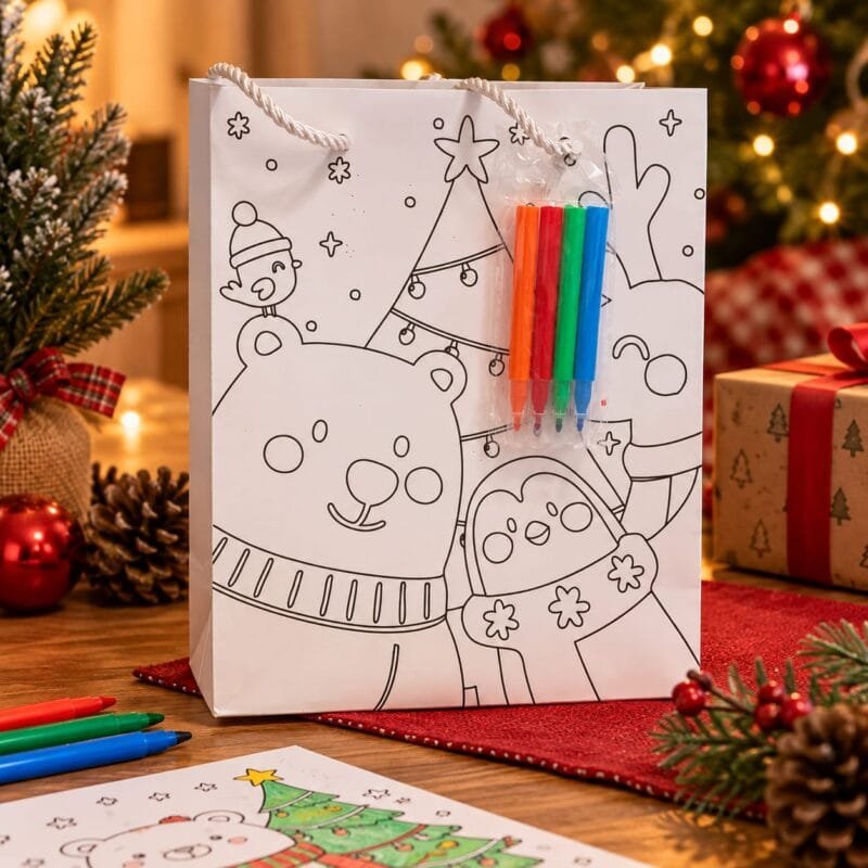 Kit completo com 6 sacolas natalinas estilo livro de colorir, cada uma acompanhada de 4 canetinhas coloridas.
