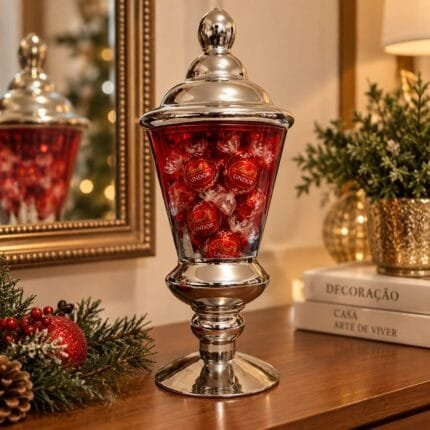 Vaso grande de vidro nas cores vermelho e prata, com tampa decorativa, apresentado em uma composição natalina sofisticada.