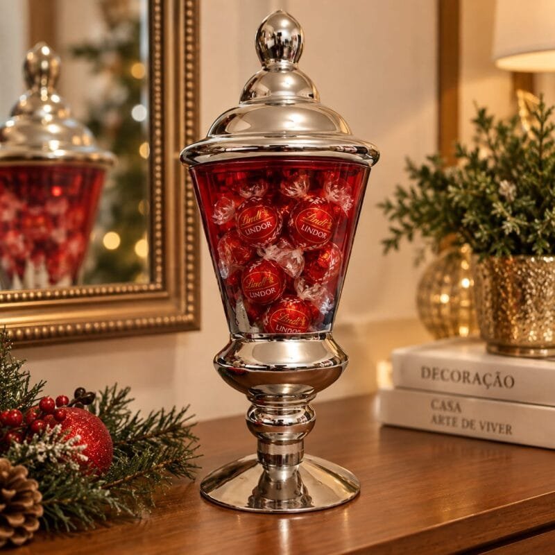 Vaso grande de vidro nas cores vermelho e prata, com tampa decorativa, apresentado em uma composição natalina sofisticada.