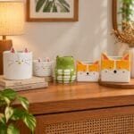 Apresentação dos modelos de gatinho, cachorrinho e sapinho em uma composição decorativa, destacando os diferentes formatos, cores e detalhes das peças.