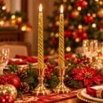 Duas velas douradas acesas em castiçais, compondo uma elegante decoração de Natal com elementos tradicionais em vermelho, verde e dourado.