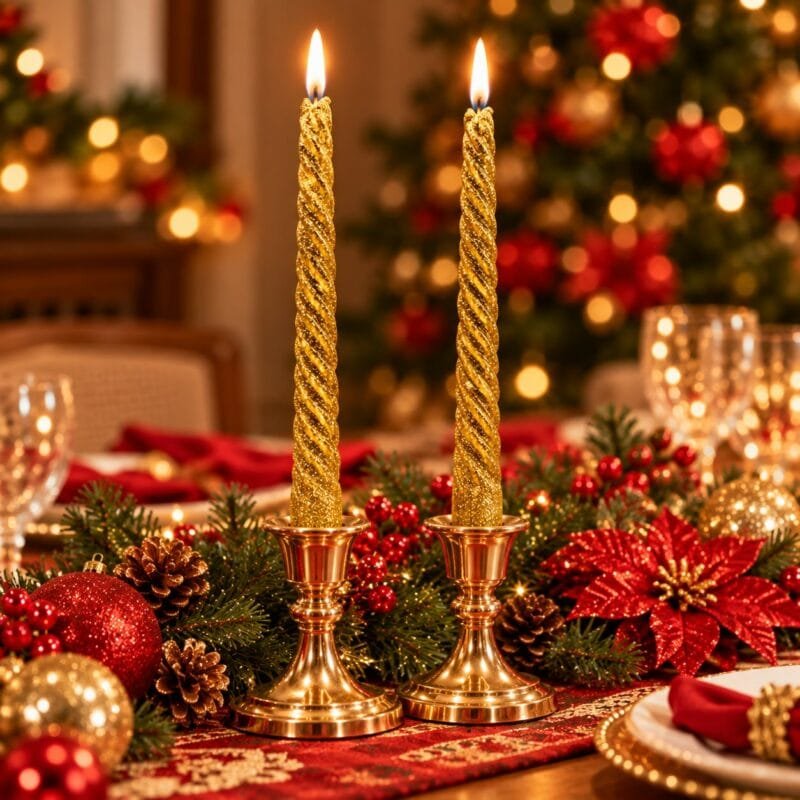 Duas velas douradas acesas em castiçais, compondo uma elegante decoração de Natal com elementos tradicionais em vermelho, verde e dourado.
