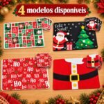 Modelo Hohoho com fundo vermelho e estampa temática de Natal, ideal para compor mesas festivas e destacar as cores tradicionais da celebração.