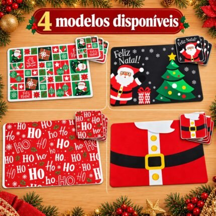 Modelo Hohoho com fundo vermelho e estampa temática de Natal, ideal para compor mesas festivas e destacar as cores tradicionais da celebração.