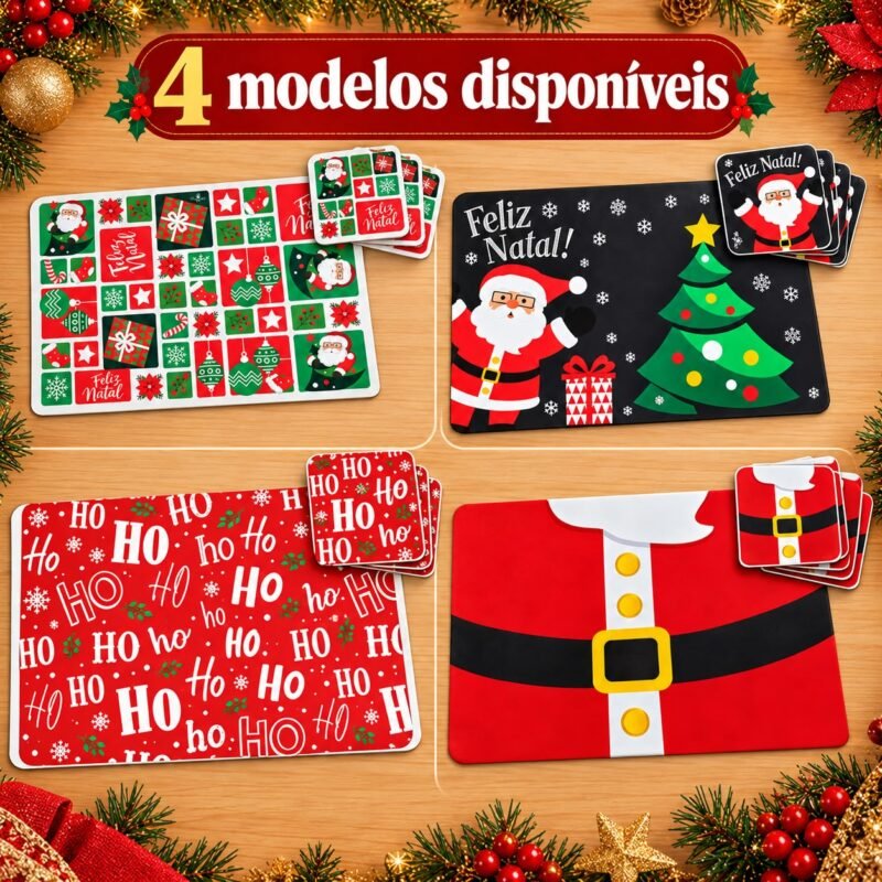 Modelo Hohoho com fundo vermelho e estampa temática de Natal, ideal para compor mesas festivas e destacar as cores tradicionais da celebração.