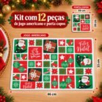 Conjunto natalino com 6 suportes para pratos e 6 porta-copos, mostrando a composição de 12 peças para montar uma mesa temática para até seis lugares.