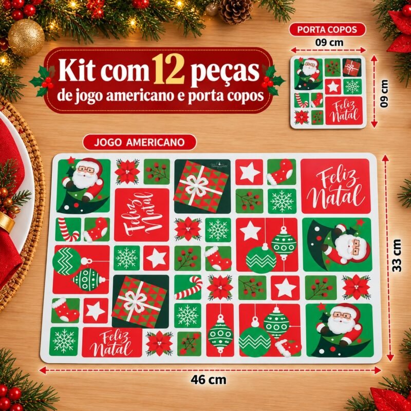 Conjunto natalino com 6 suportes para pratos e 6 porta-copos, mostrando a composição de 12 peças para montar uma mesa temática para até seis lugares.