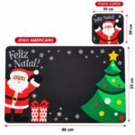 Modelo Feliz Natal com fundo preto, criando uma proposta moderna e elegante para mesas natalinas com detalhes contrastantes.