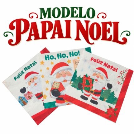 Detalhe do tema Papai Noel com diferentes ilustrações em cada lado do guardanapo, destacando a proposta de dupla estampa.
