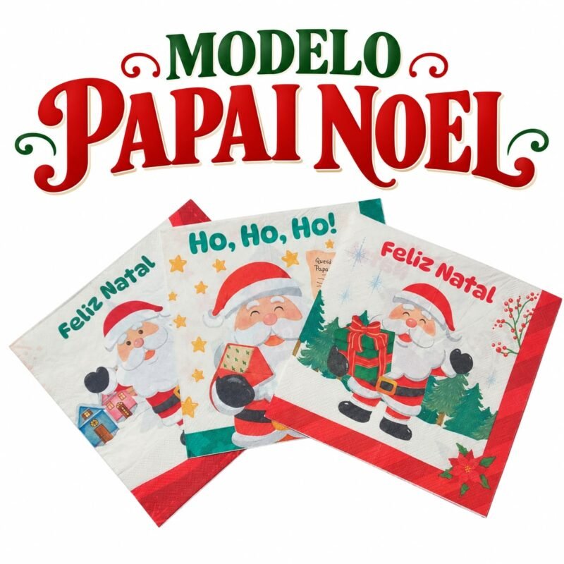 Detalhe do tema Papai Noel com diferentes ilustrações em cada lado do guardanapo, destacando a proposta de dupla estampa.