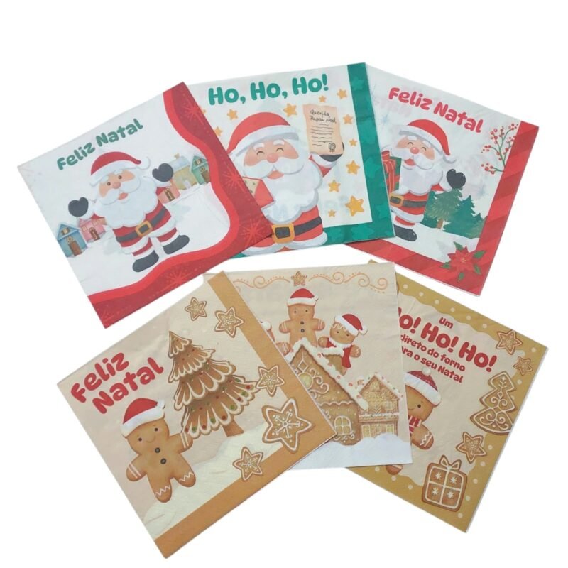 Kit com 20 guardanapos de papel no tema Gingerbread, mostrando diferentes estampas natalinas inspiradas em biscoitos de gengibre e elementos de confeitaria.