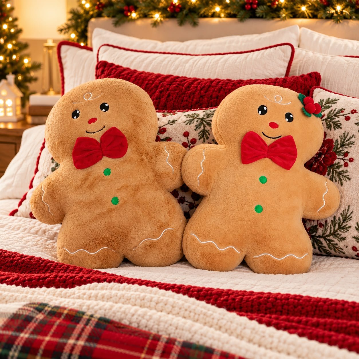 Almofada Gingerbread de Natal Casal Menino e Menina Casal de almofadas Gingerbread decorativas, com um personagem menino e uma personagem menina, acabamento peluciado, laços vermelhos e detalhes natalinos.