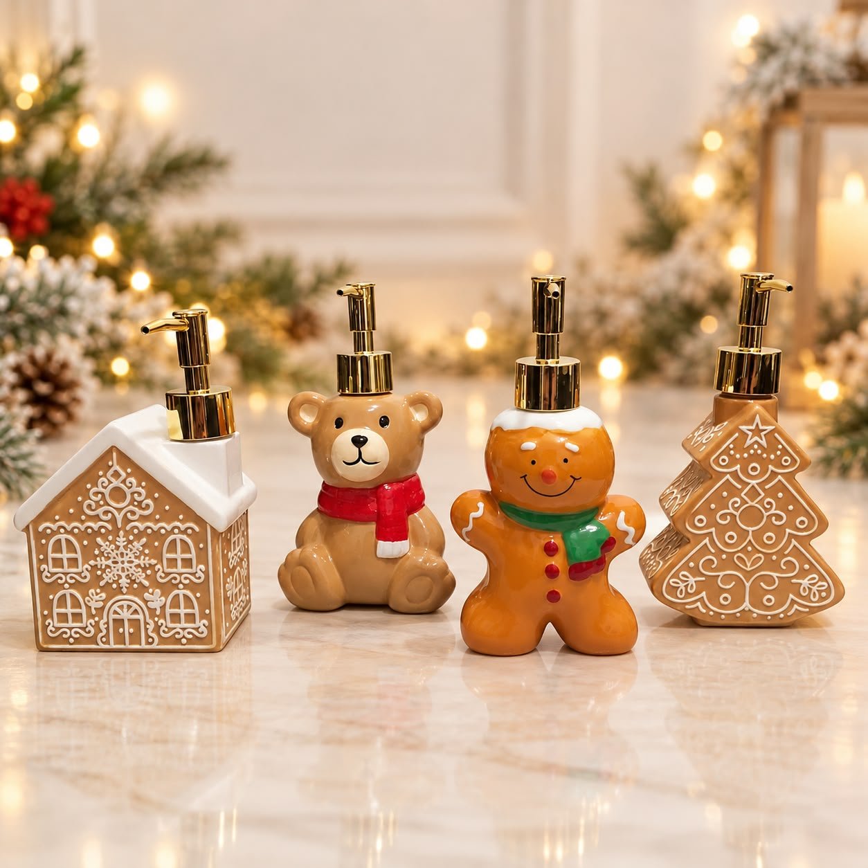 Porta Sabonete Natalino Gingerbread, Pinheiro e Ursinho Porta sabonete líquido natalino de porcelana com tampa metálica dourada. Conheça os modelos Gingerbread, Pinheiro e Ursinho, além das outras opções temáticas disponíveis no anúncio.