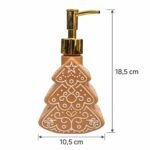 Porta sabonete líquido natalino de porcelana com tampa metálica dourada. Conheça os modelos Gingerbread, Pinheiro e Ursinho, além das outras opções temáticas disponíveis no anúncio.