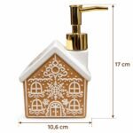 Porta sabonete líquido natalino de porcelana com tampa metálica dourada. Conheça os modelos Gingerbread, Pinheiro e Ursinho, além das outras opções temáticas disponíveis no anúncio.